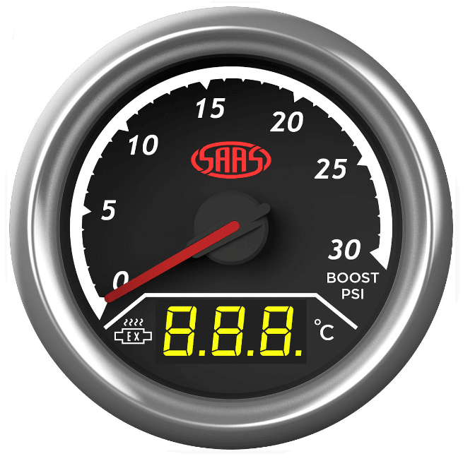 SAAS 2 IN 1 ANALOGUE BOOST 0-30PSI AND DIGITAL EXHAUST TEMPERATURE 0-900 DEGREE 52MM GAUGE