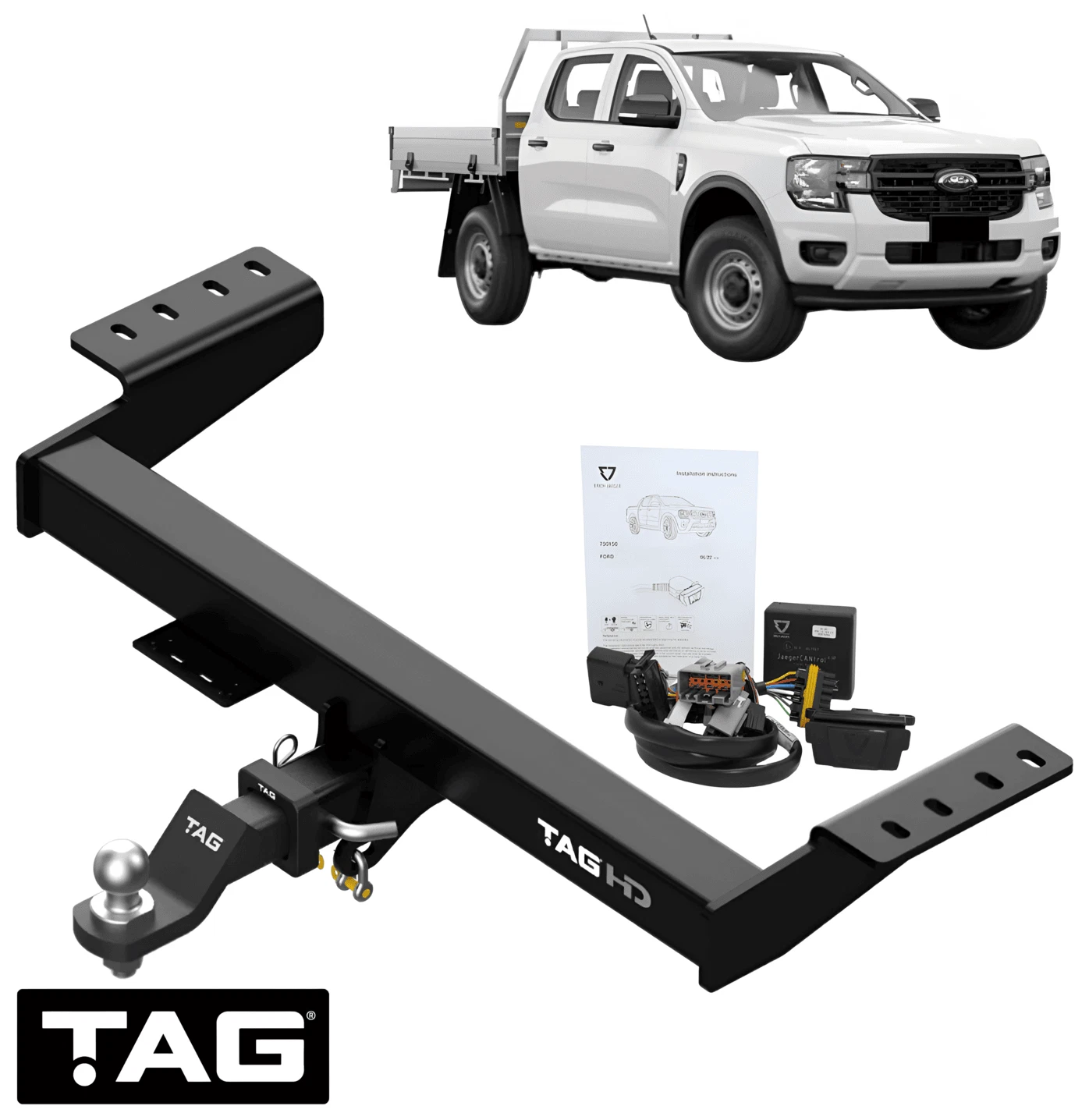 TAG HEAVY DUTY 1-PIECE DESIGN TOW BAR & ERICH JAEGER WIRING KIT TO SUIT FORD RANGER PY T6.2 BF2S TURBO DIESEL 3.0L V6 CAB CHASSIS ONLY